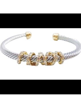 Isabella Twisting Cable Cord Cuff Bracelet Silver 14KT Gold Rhinestones